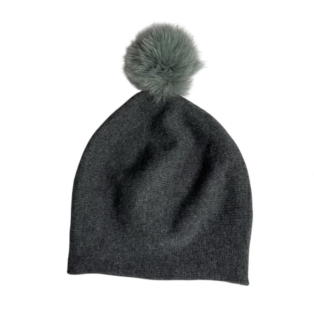 La Fiorentina Gray Wool Cashmere Knit Fox Fur‎ Pom Pom Beanie Hat